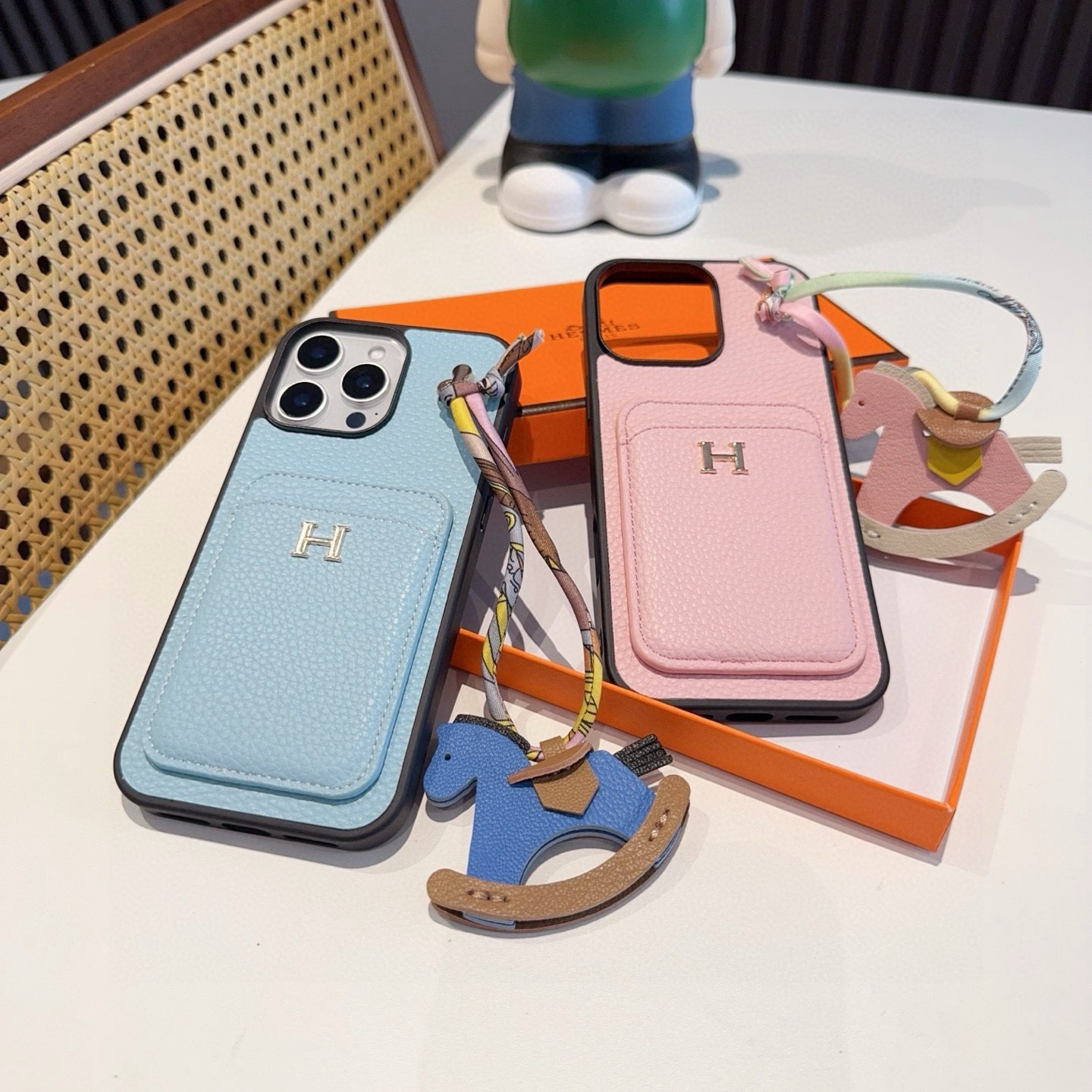 Hermès Style Luxury Leather Card Holder Phone Case | Wrist Strap & Horse Charm