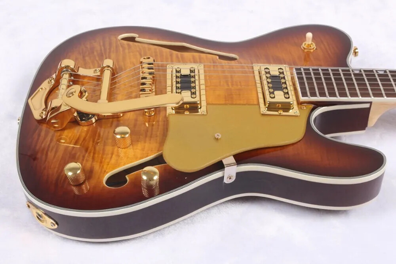 Flame Maple Top Sunburst Electric Guitar Semi Hollow Body Gold Sparkle Pickguard
