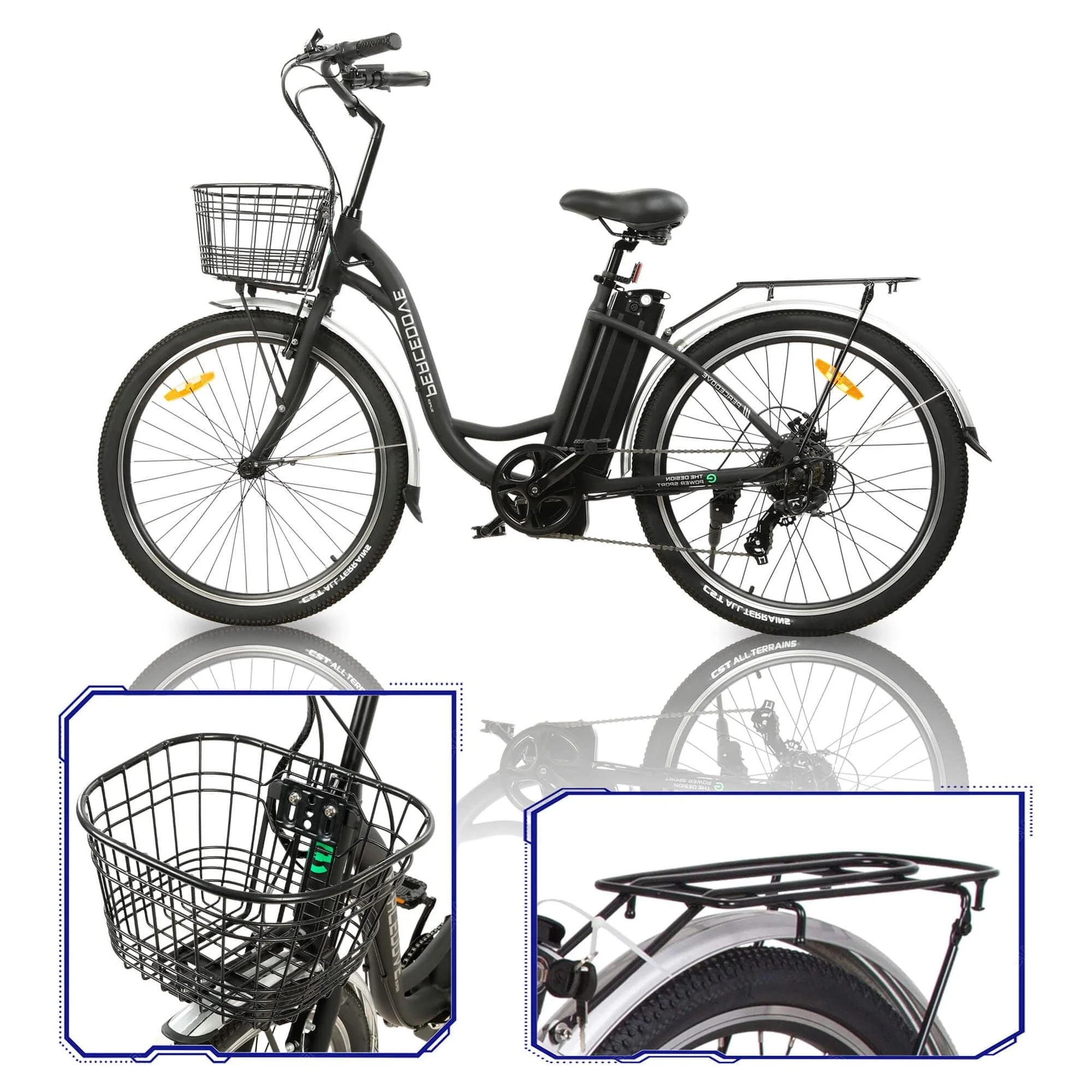ECOTRIC 26in Step-Through Electric City Bike with Basket, 350W