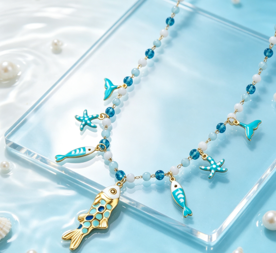 Boho Sea Creature Charm Necklace Blue Crystal Bead Mermaid Tail Statement Necklace