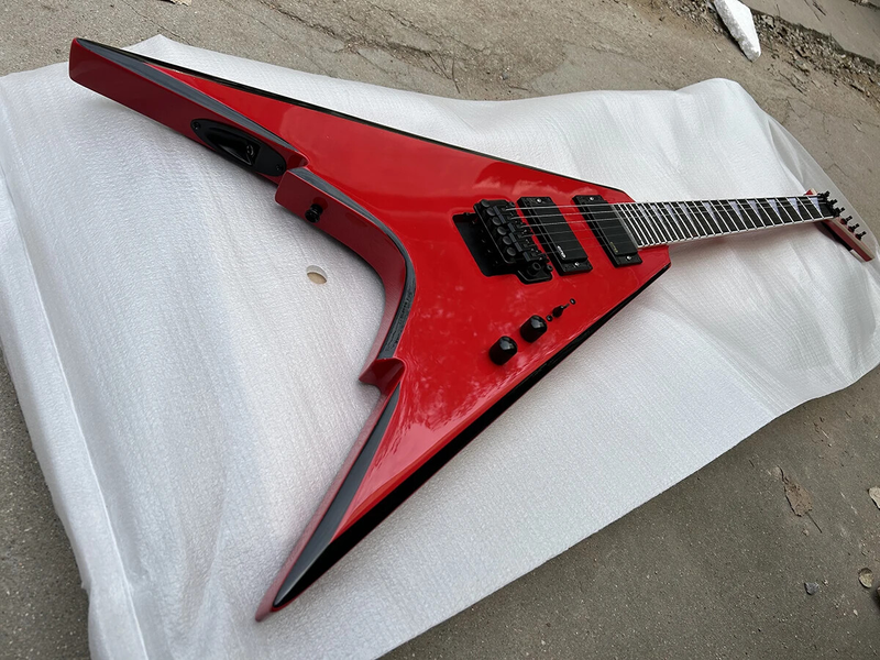 Red V Shape 6 Strings Electric Guitar Rosewood Fretboard Black Hardwares