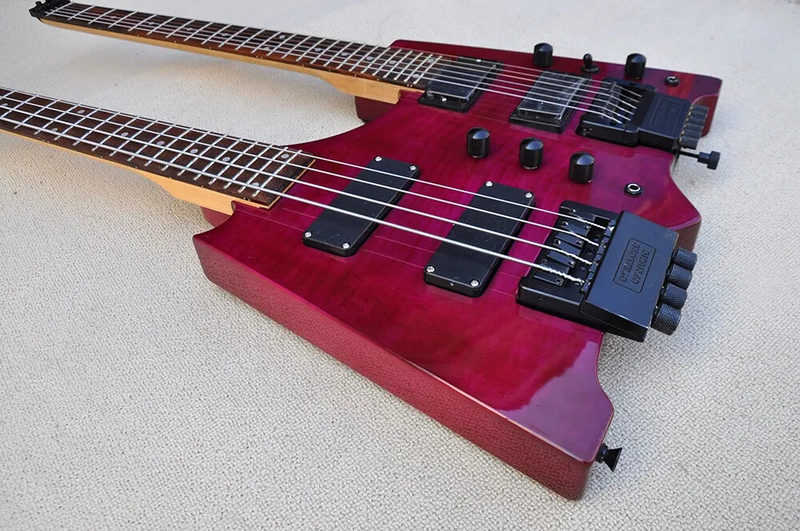 Purple 4+6 Strings Headless Double Neck Electric Guitar Flame Maple Veneer Top
