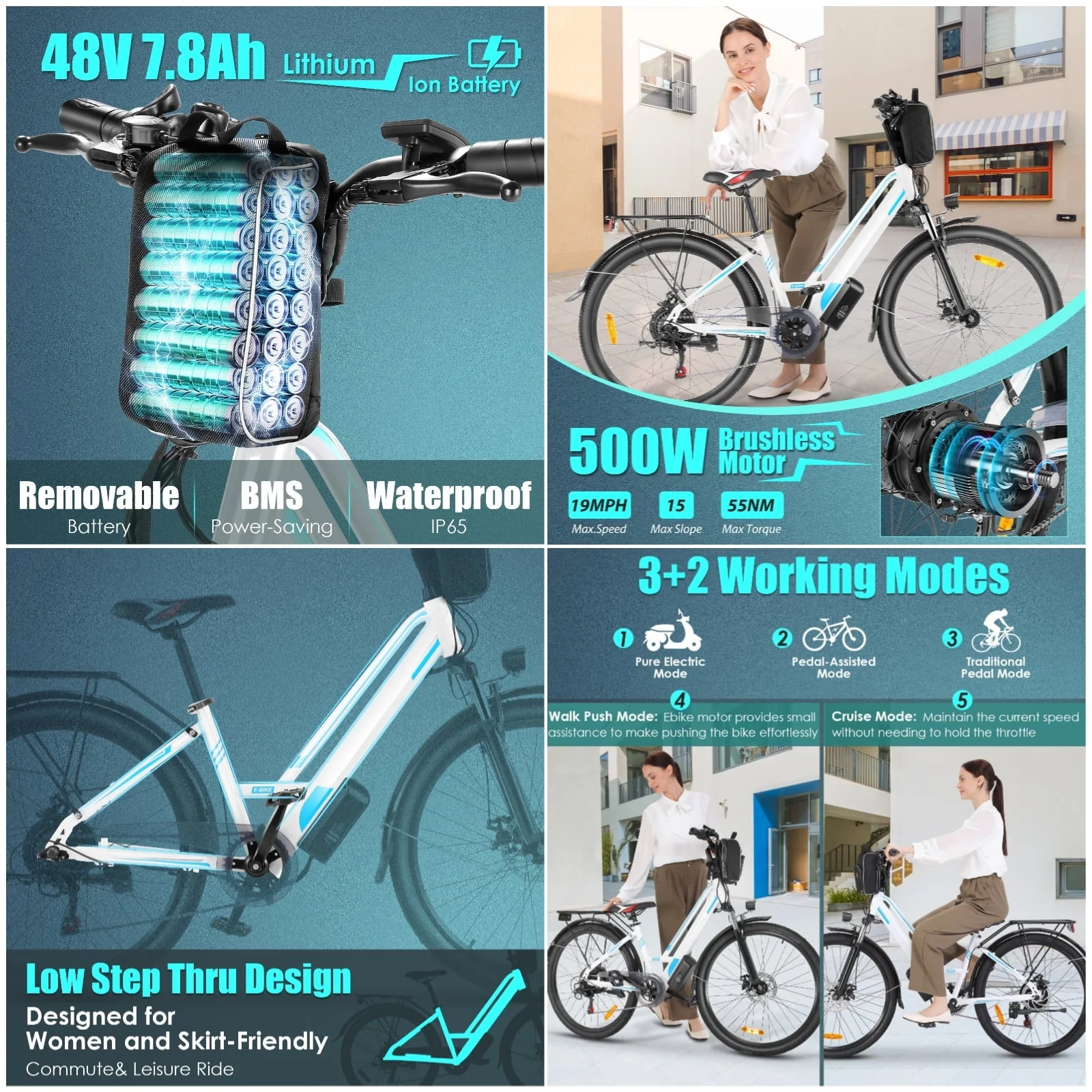 Elifine 26in Electric Commuter Bike, 500W, 48V 7.8Ah, 7-Speed