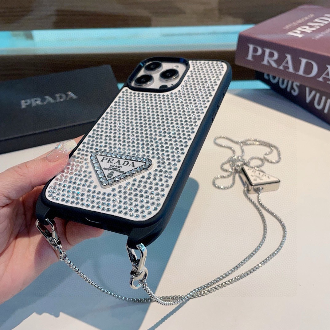 Prada Style Full Diamond Glitter Phone Case With Crossbody Chain Strap