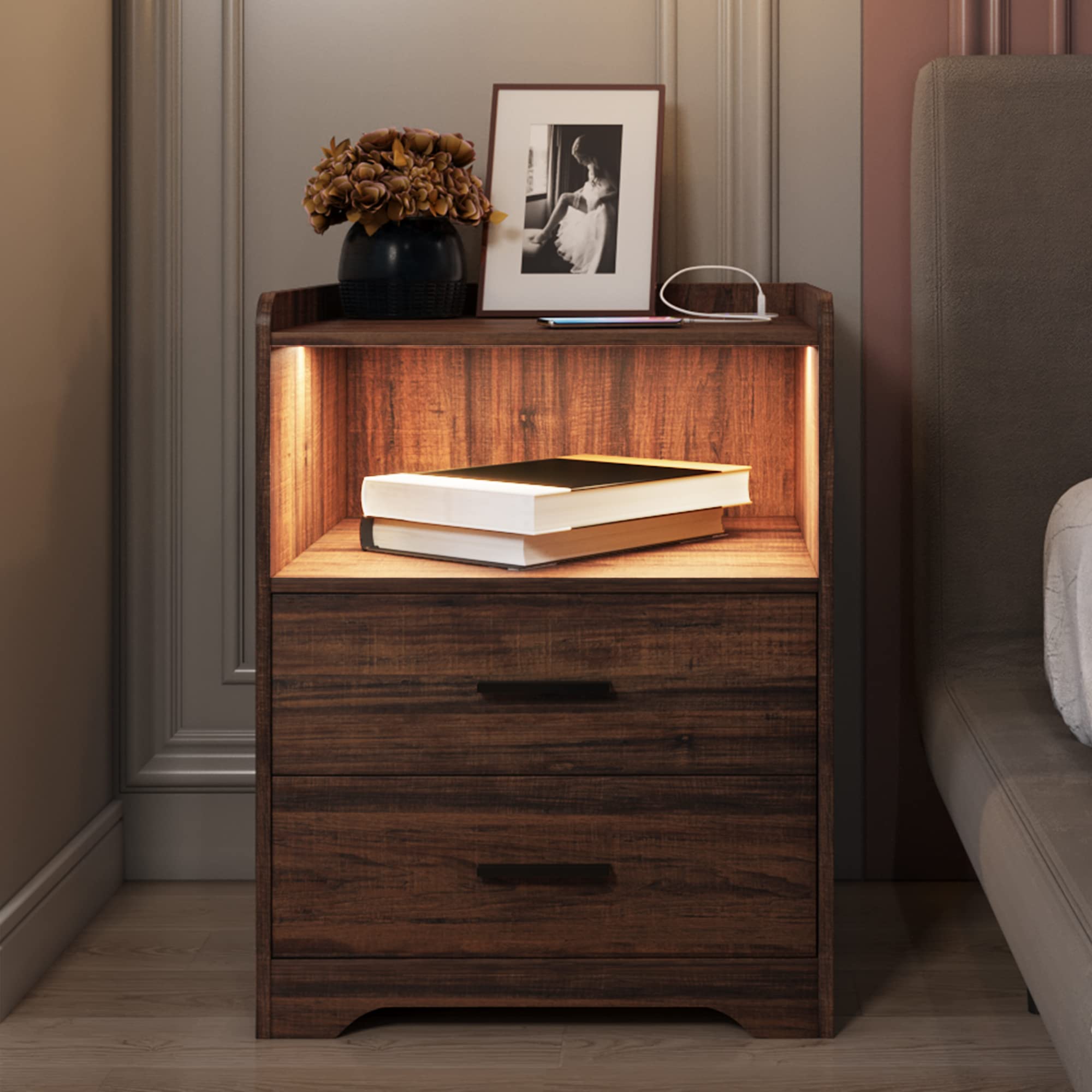 Black Nightstand with Charging Station