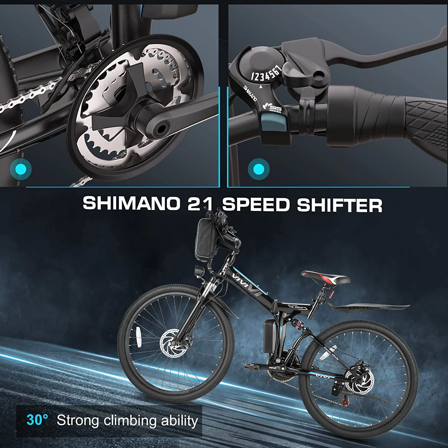 Vivi 26in Folding Electric Mountain Bike, 500W, 21-Speed