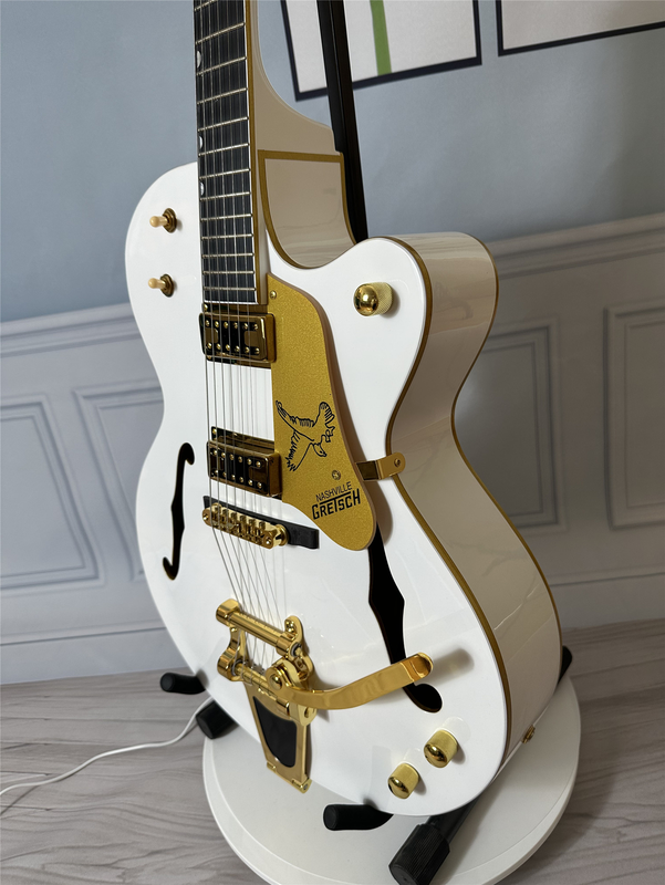 White 6 String Electric Guitar Hollow Body HH Pickup Gold Hardware