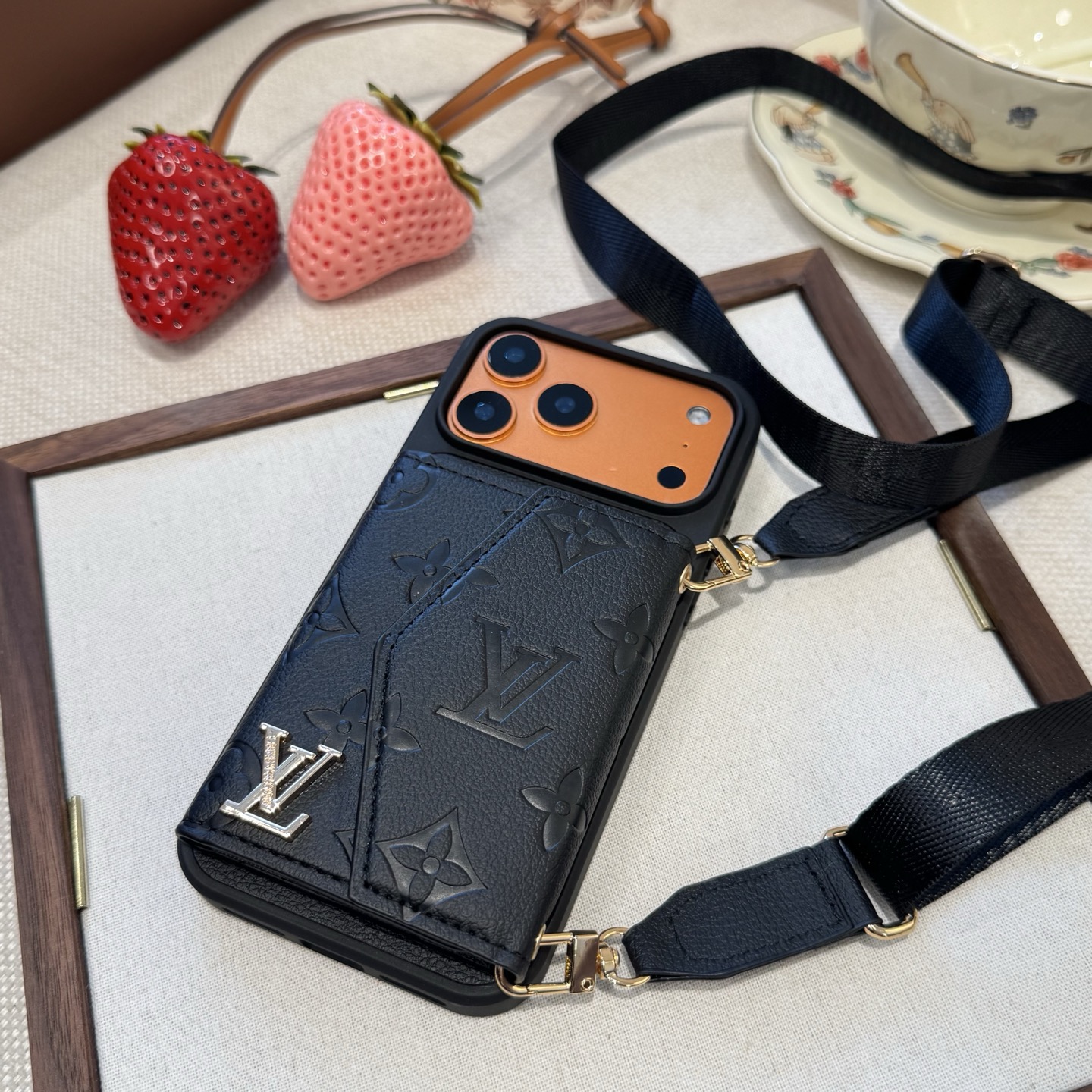 Louis Vuitton Embossed Monogram Card Holder Crossbody Strap Luxury Phone Case