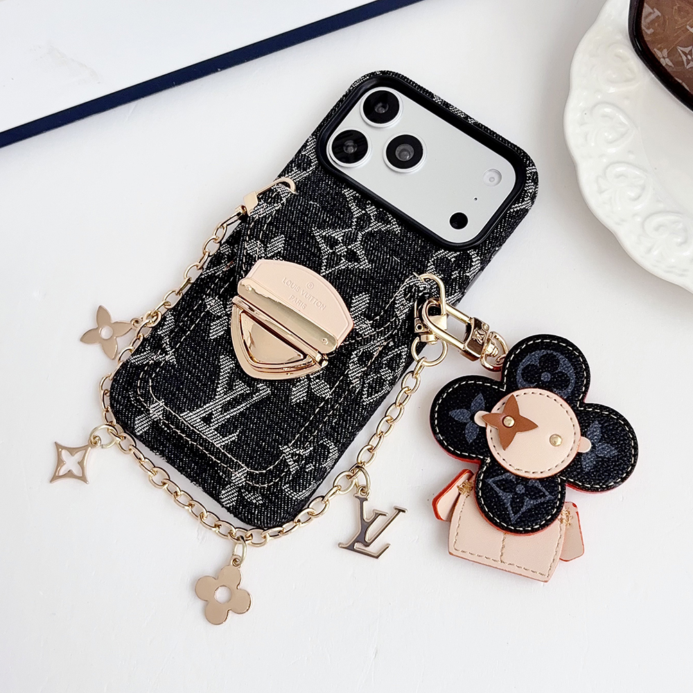 LV Monogram Denim Card Holder Phone Case With Chain Wrist Strap Vivienne Flower Charm
