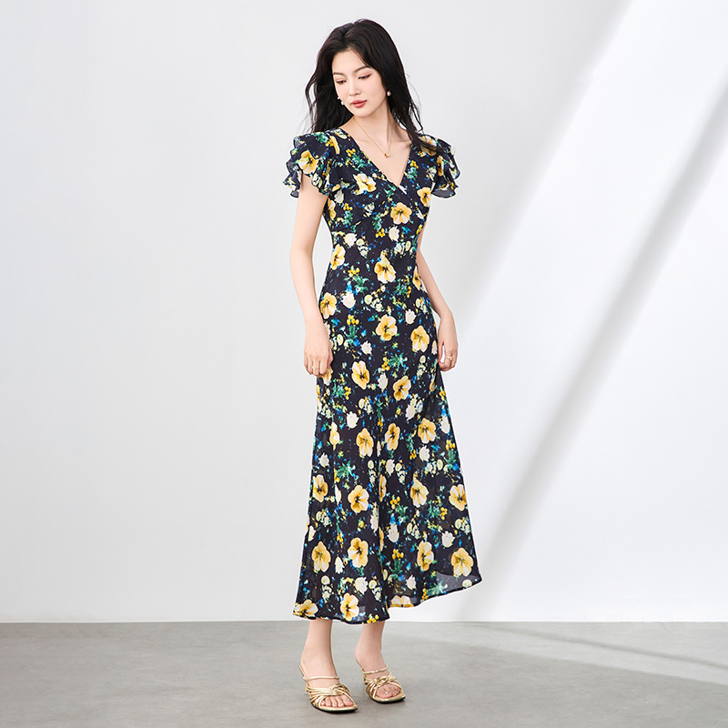 Elegant Silk Print Maxi Dress Beach Vacation Women's Floral A- Line Dress Short Sleeve V-Neck Midi Dress