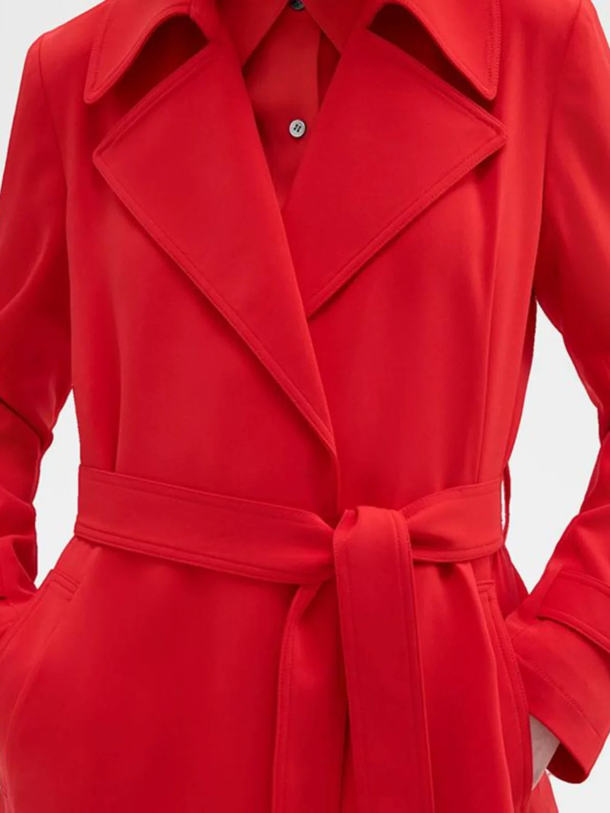 Solid color tie-waist mid-length trench coat