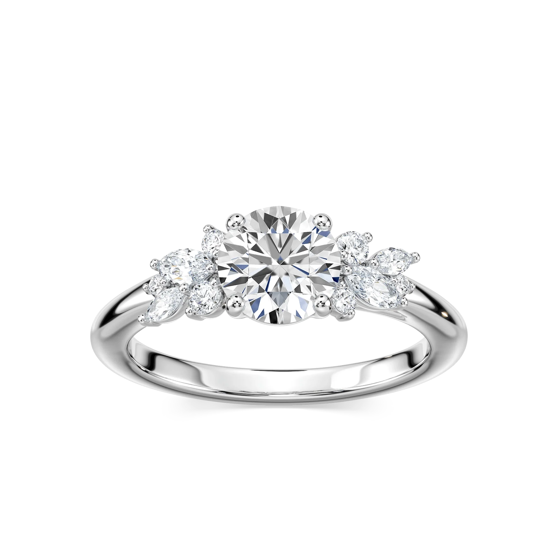 Clover Round Lab Grown Diamond Flower Petal Side Stone Engagement Ring