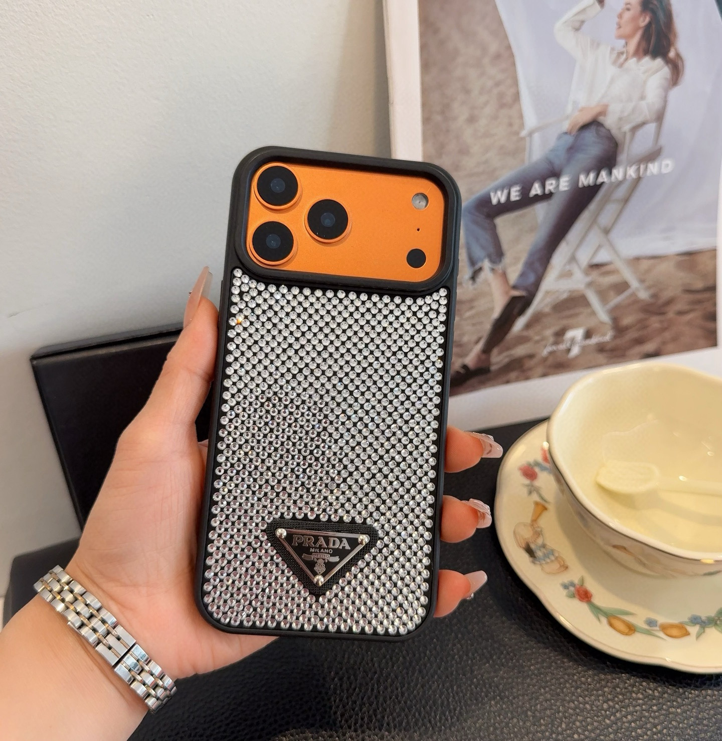 Prada Style Bling Diamond Phone Case with Triangular Logo