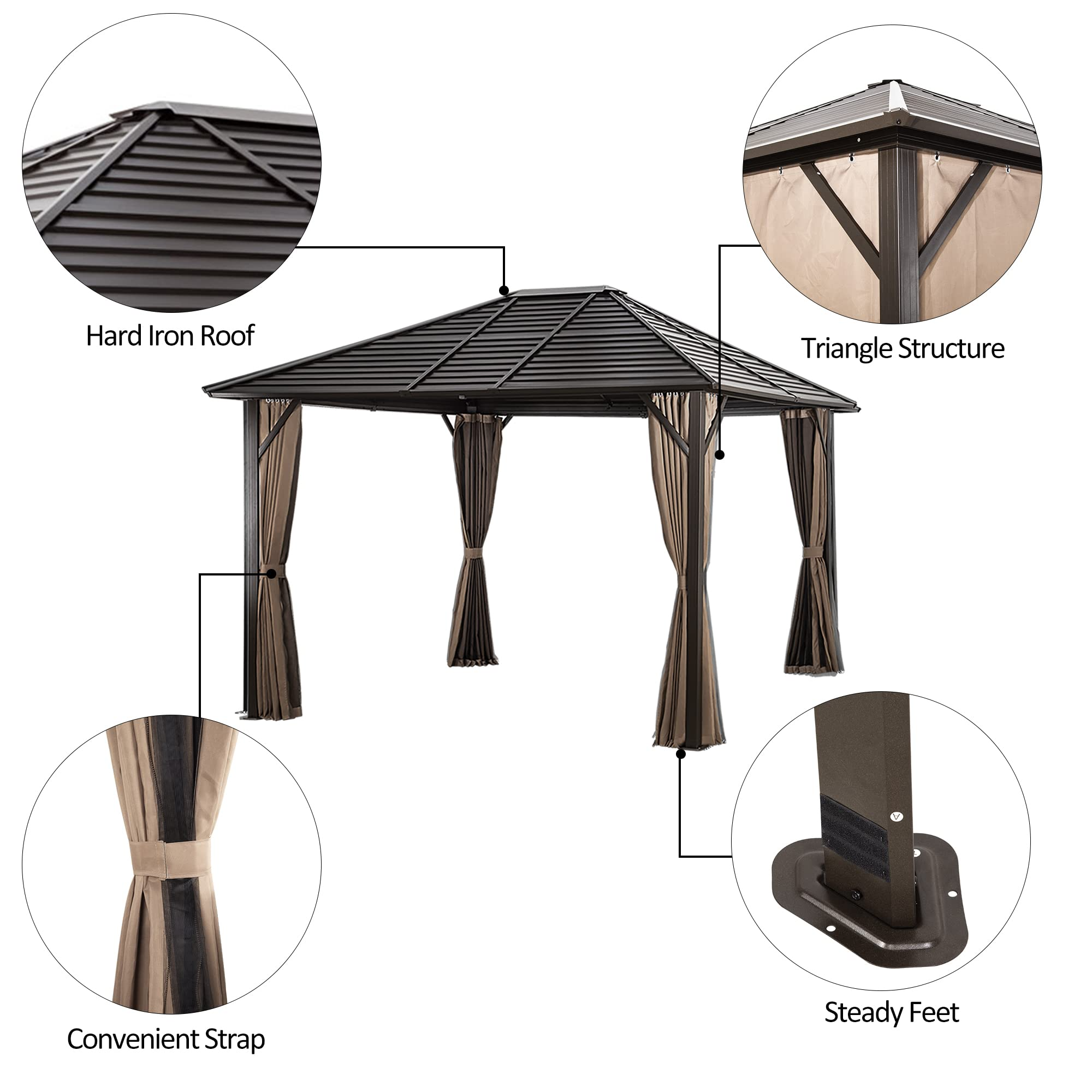 Patio Hardtop Gazebo with Fully Enclosed Zip Curtains