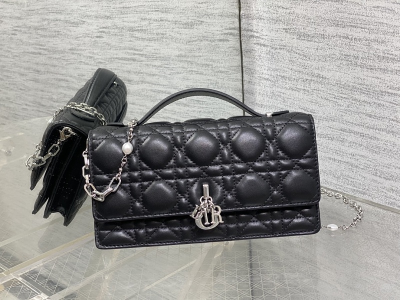 Dior Caro Chain Shoulder Bag Black Silver Hardware