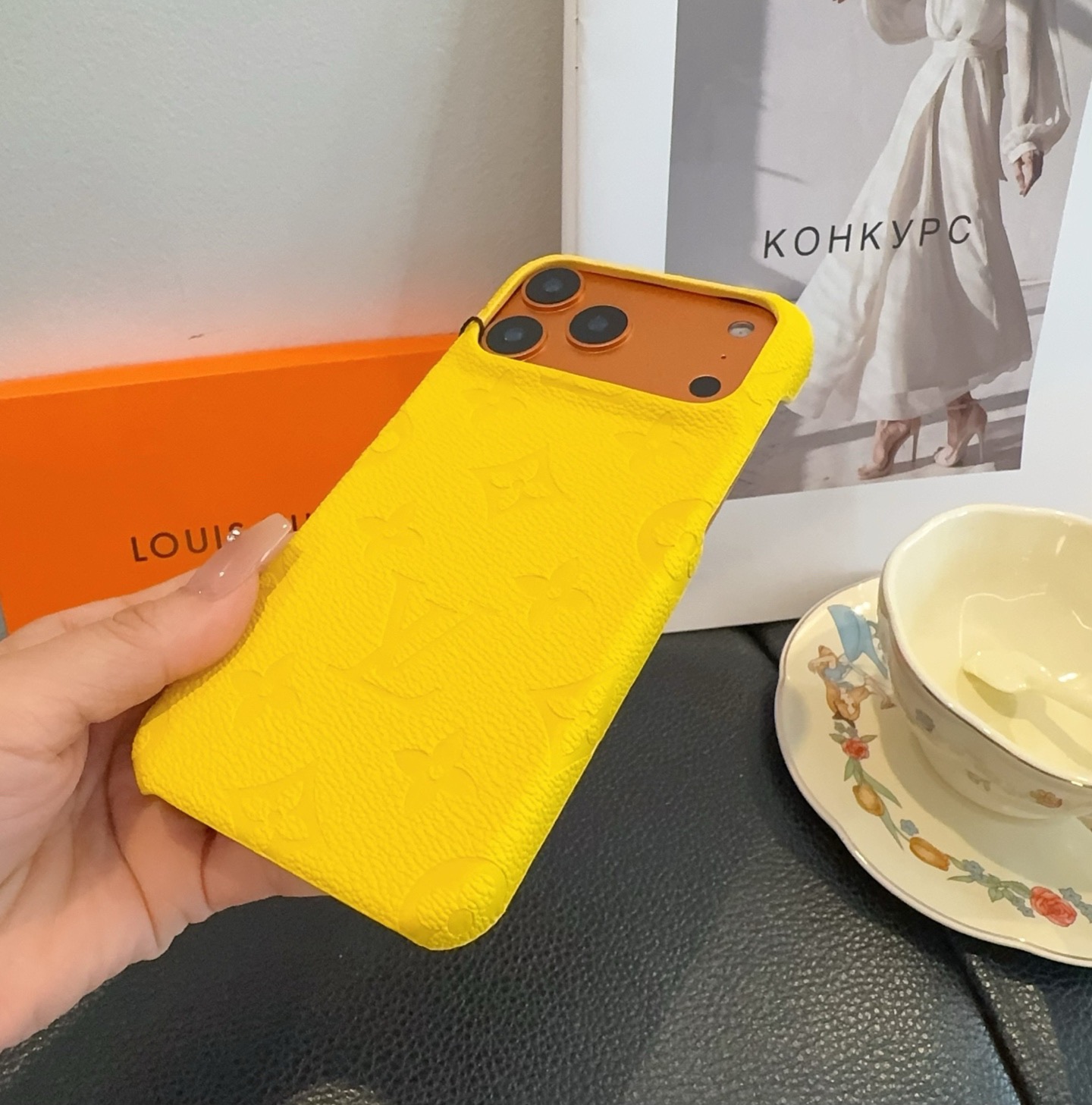 Louis Vuitton Style Embossed Monogram Leather Slim Phone Case