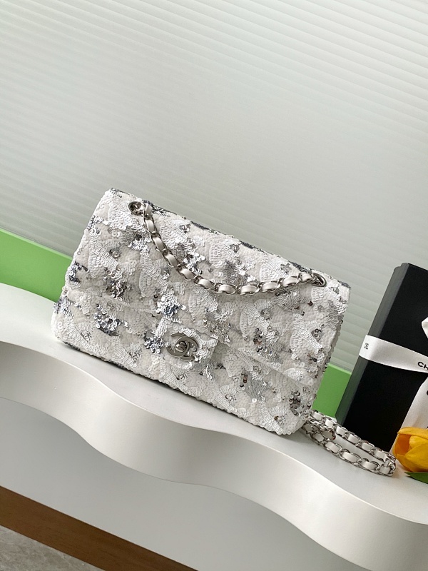 Chanel Sequin Flap Bag Silver Floral