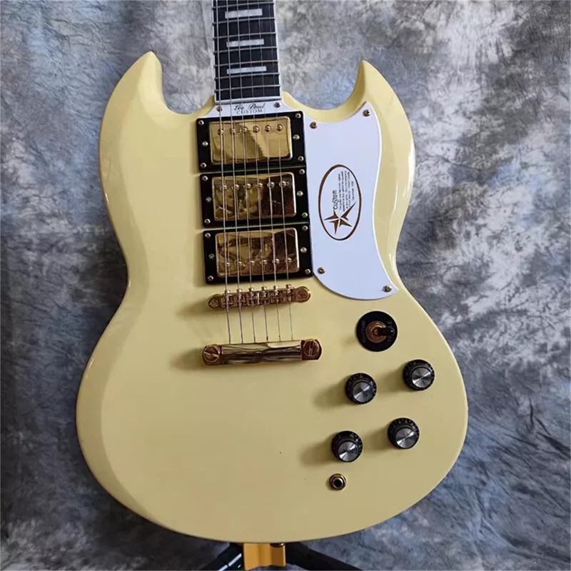 Cream 6 String SG Electric Guitar H-H-H Pickups Solid Body Gold Hardware