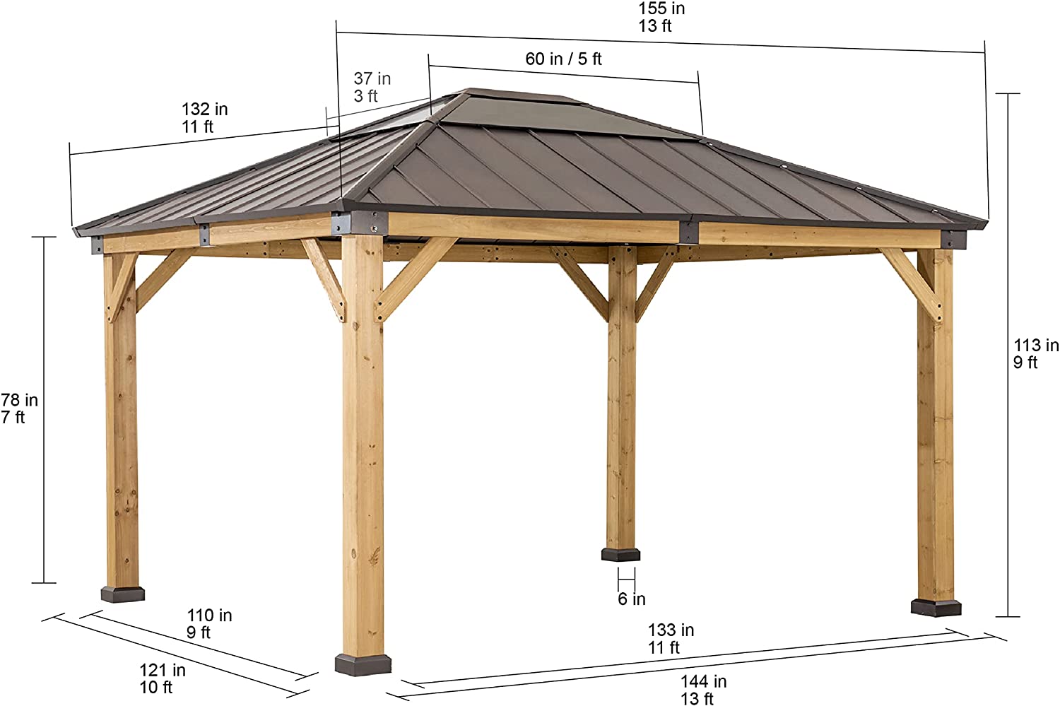 Outdoor Patio 11x13 ft. Cedar Framed Wood Gazebo with Brown Steel