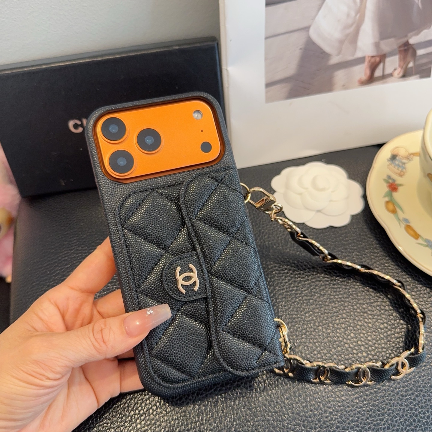 Chanel Quilted Caviar Leather Card Holder Chain Strap Luxury Phone Case