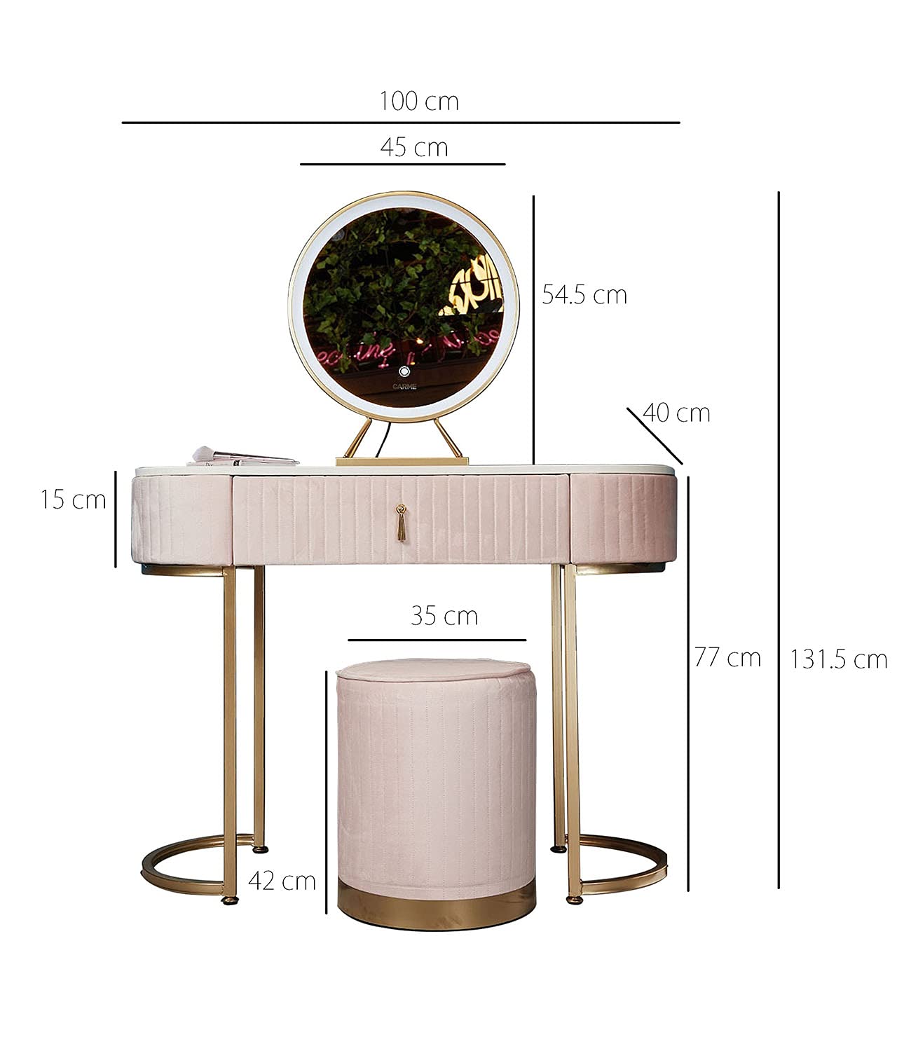 Velvet Dressing Table with LED Light Mirror Touch Sensor