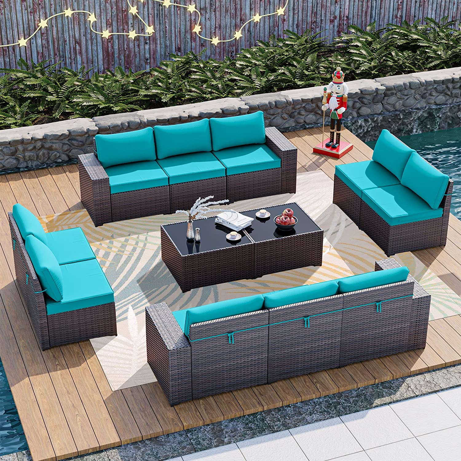 12 Pcs Patio Furniture Set Sectional Sofa Sets Brown PE