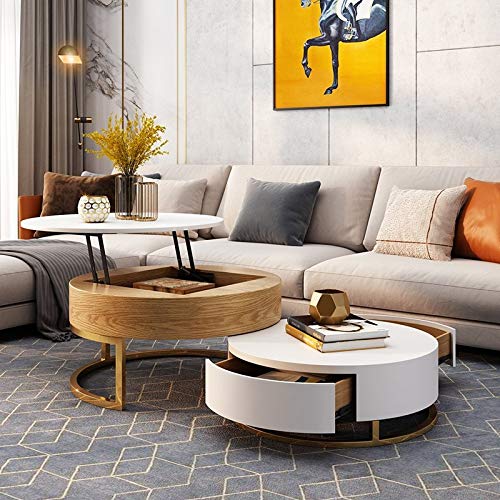 Round Coffee Table White with Storage Lift-Top Wood Coffee