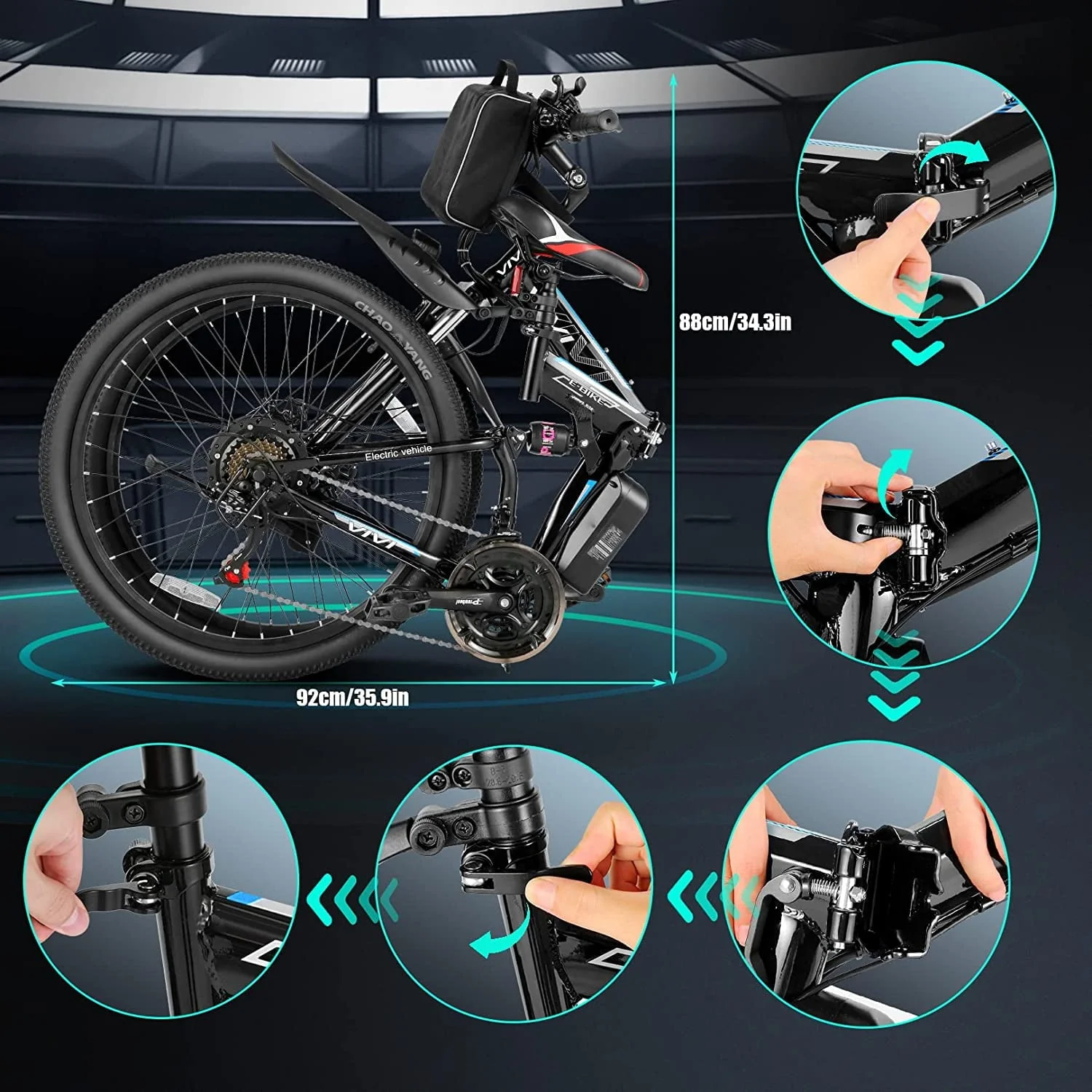 Vivi 26in Folding Electric Mountain Bike, 500W, Full Suspension