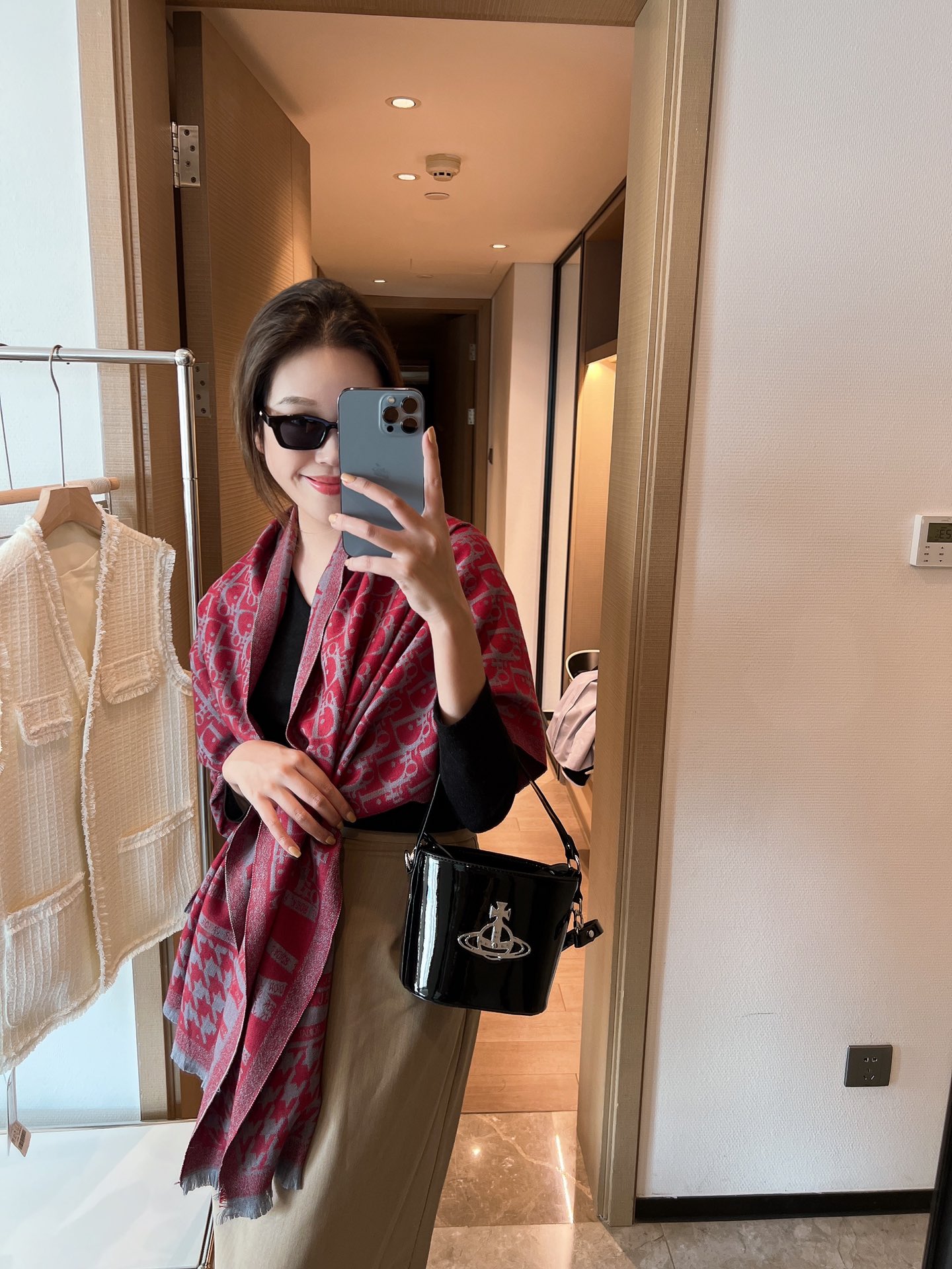 Dior Oblique Cashmere Scarf Black and Burgundy
