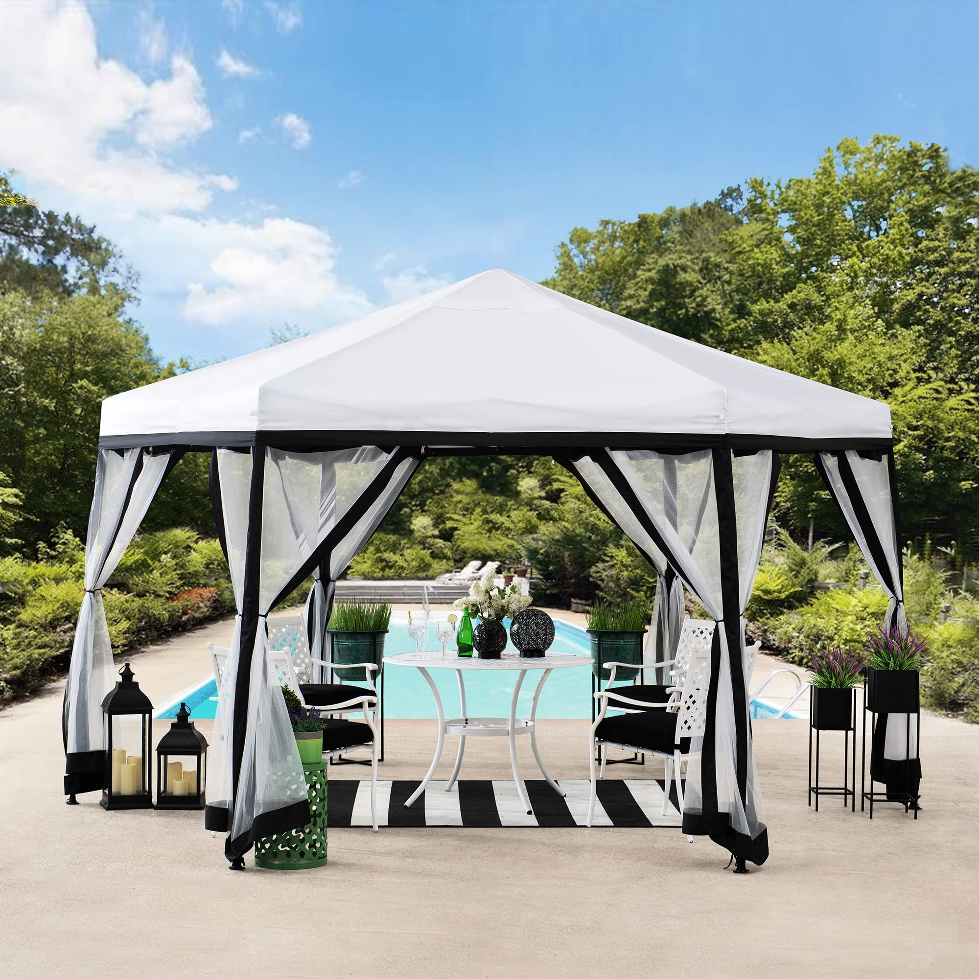 Sunjoy Lambert 11 ft. ft. 2-Tone Pop Up Hexagon Steel Gazebo