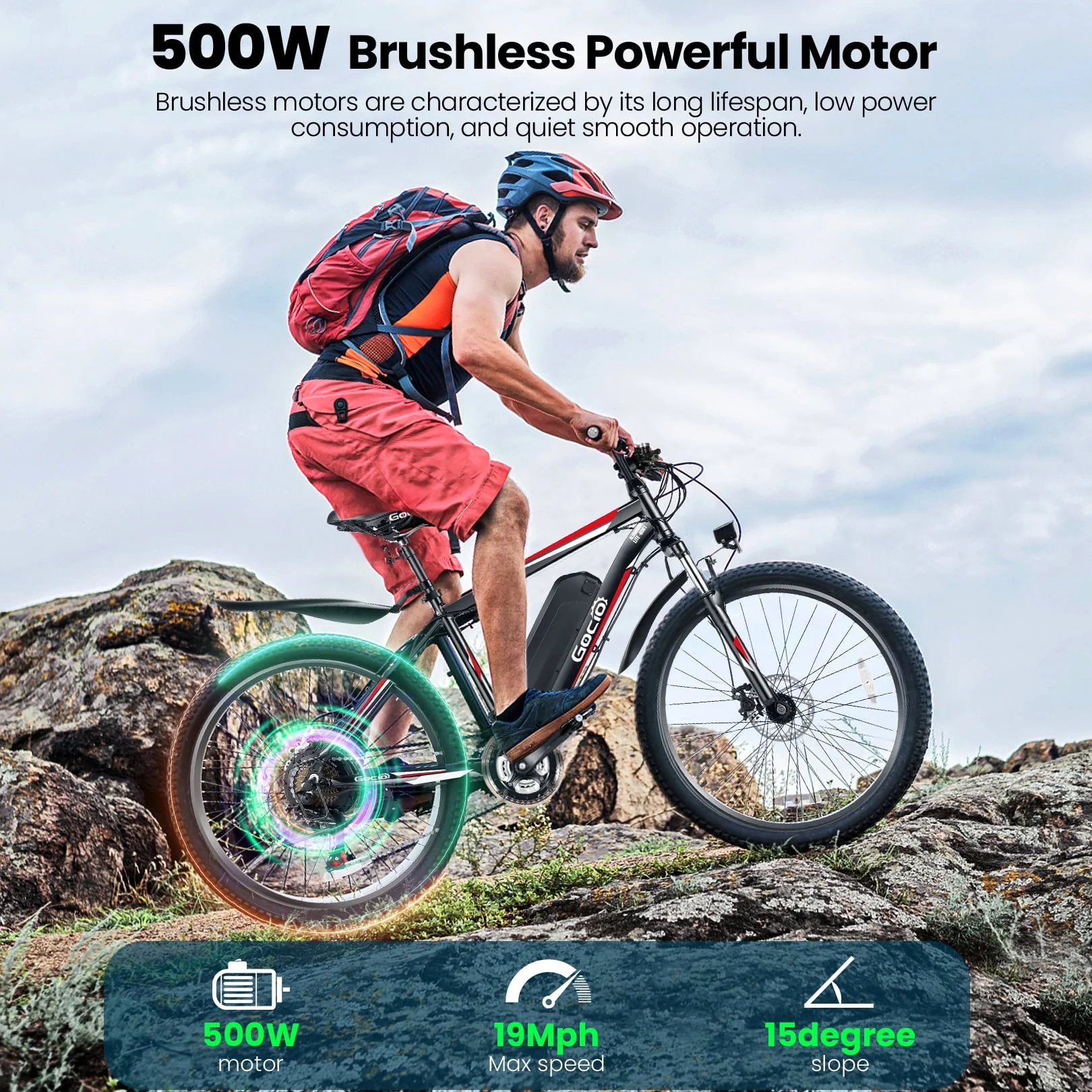 Gocio 26in Electric Mountain Bike, 500W, 48V 375Wh, 21-Speed