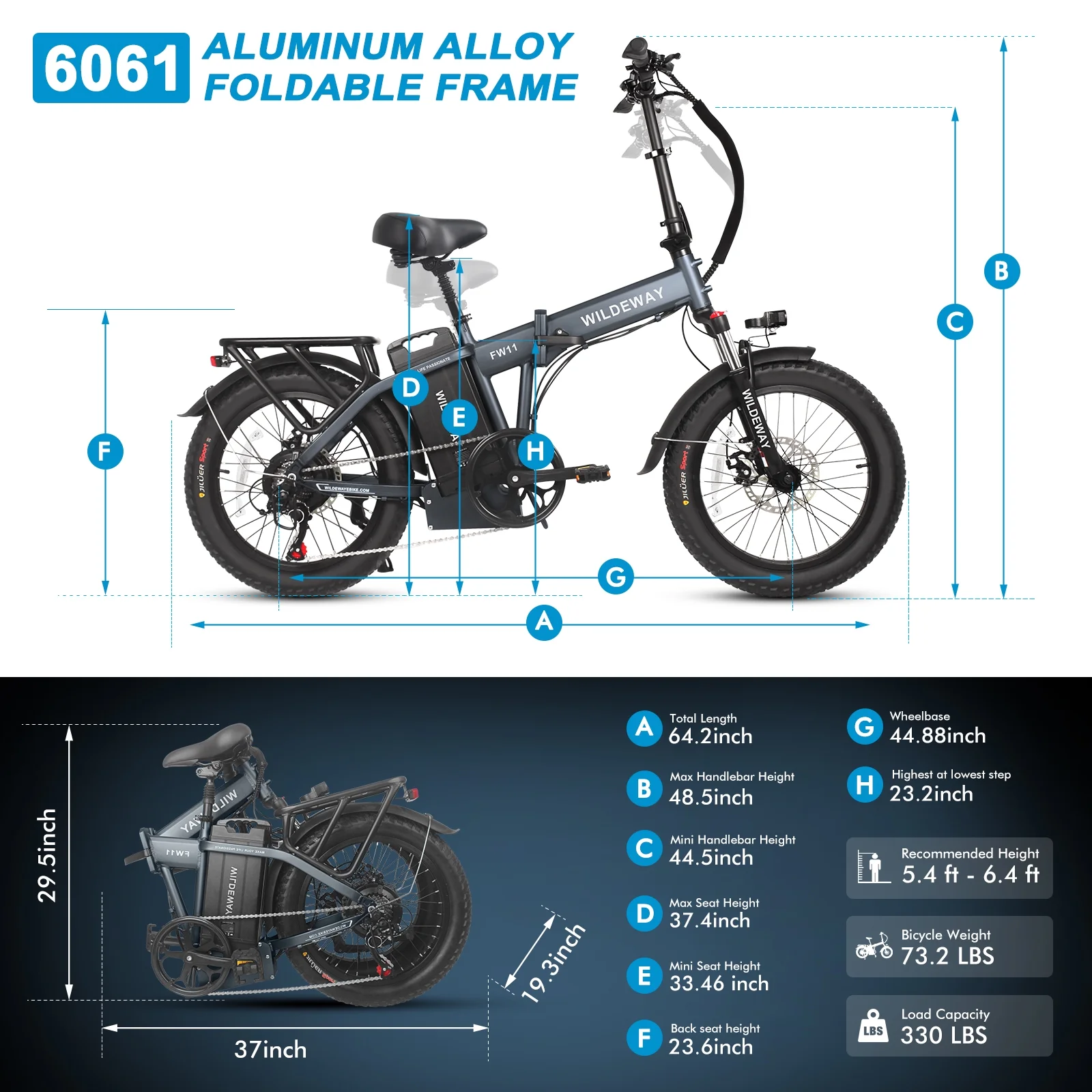 Wildeway 20in Folding Electric Bike, 750W, 48V 32Ah, Hydraulic Brakes