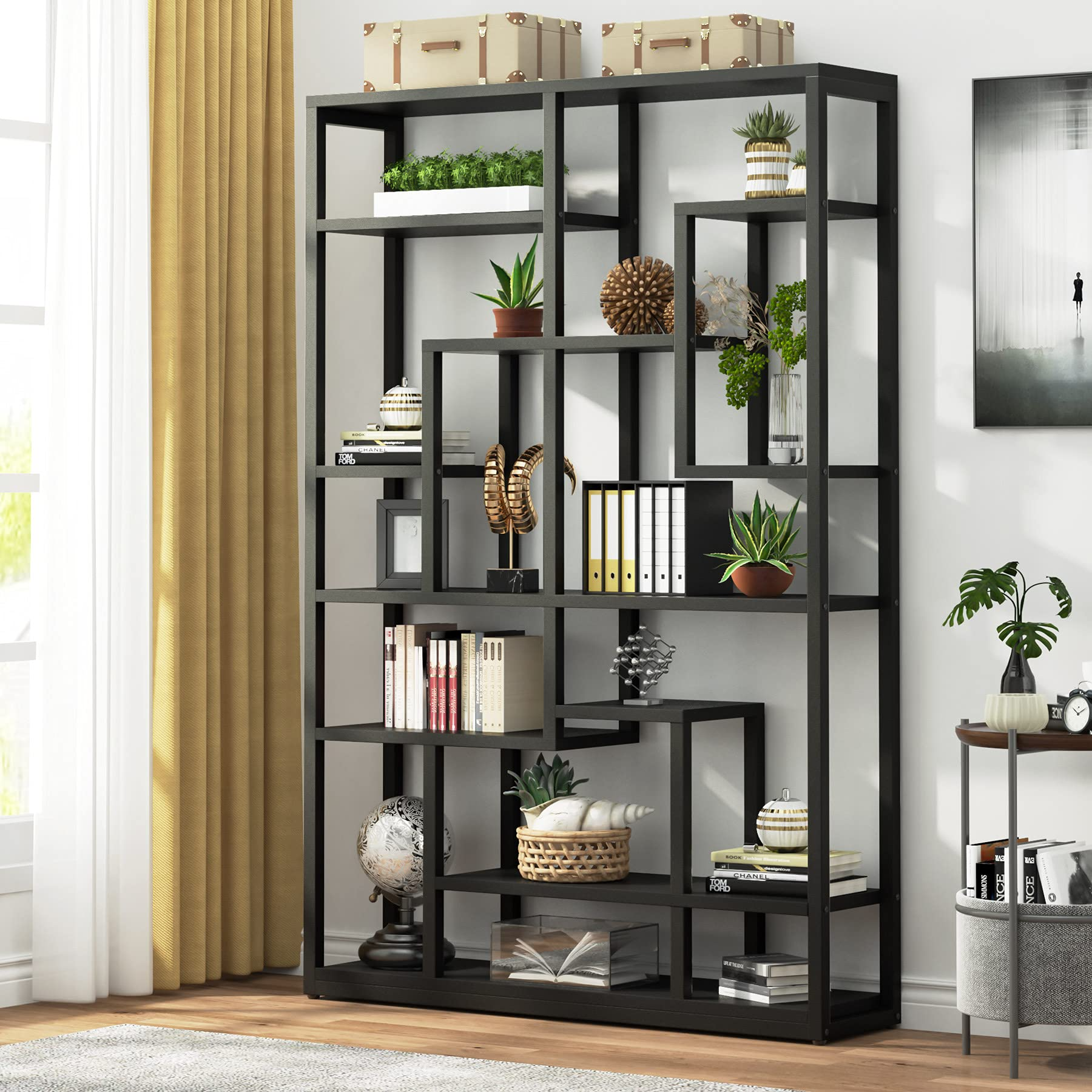 Black Bookshelf 47” Bookcase 9 Tier Tall Book Shelf Rustic