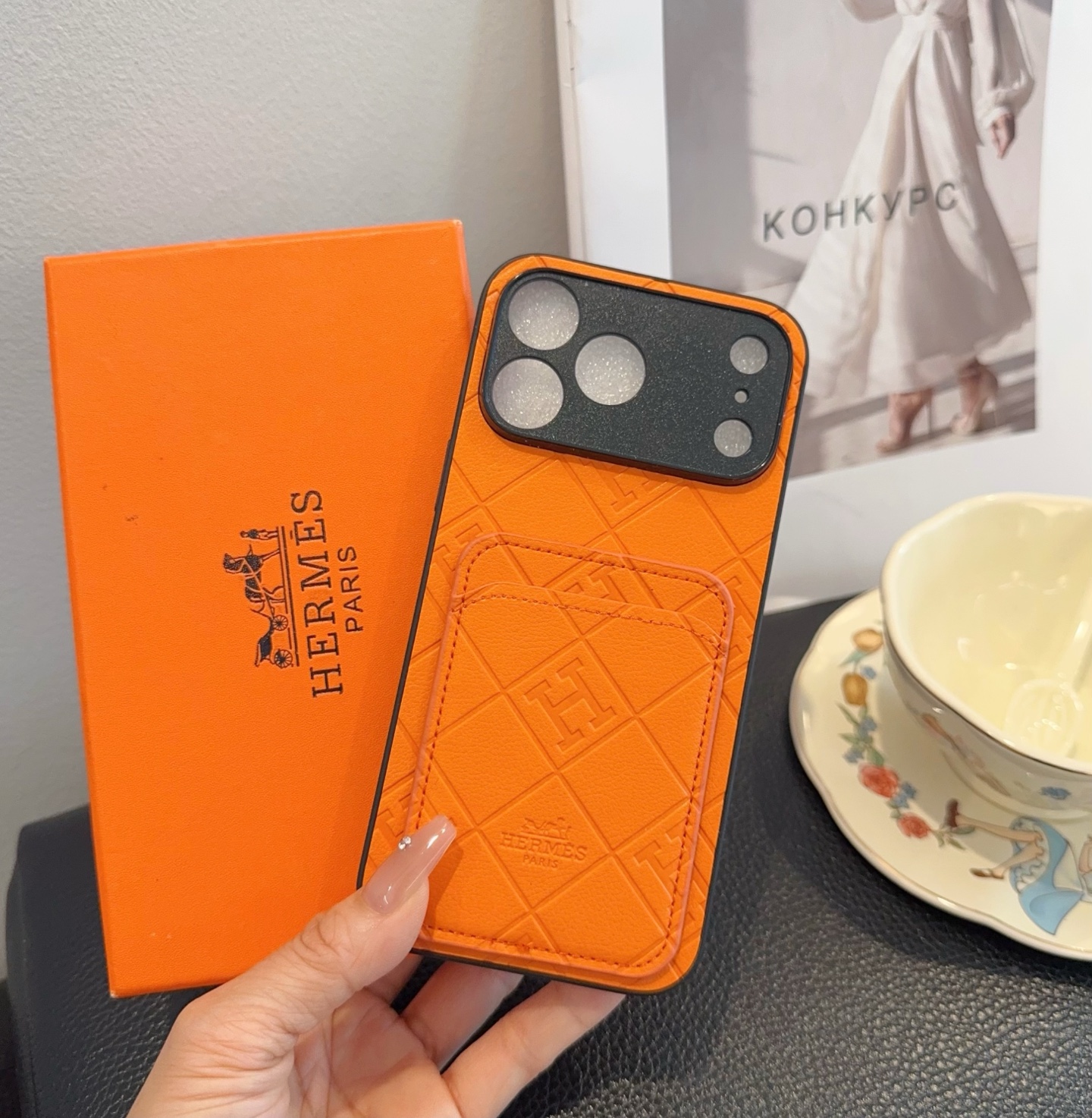 Hermès Embossed Monogram Leather Card Holder Phone Case