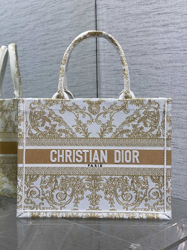Dior Book Tote Medium White Gold Embroidered