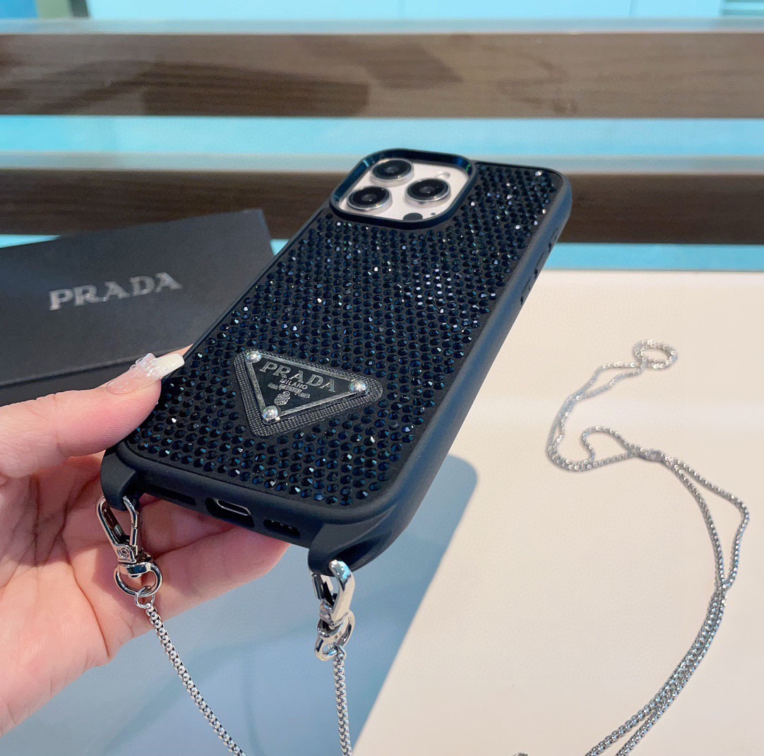 Prada Style Full Diamond Glitter Phone Case With Crossbody Chain Strap