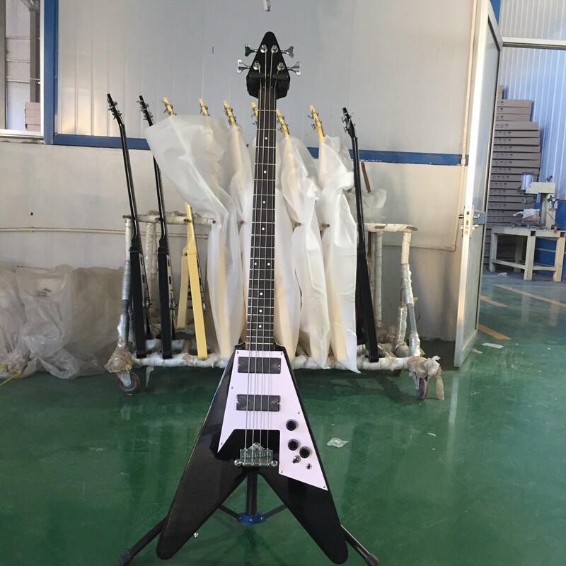 Black Flying V Electric Bass Guitar Solid Body HPL Fretboard HH Pickups 21 Frets