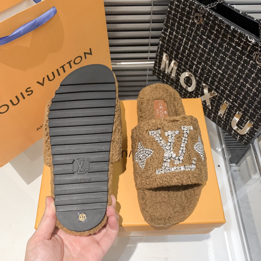 Louis Vuitton Style Shearling Slide Slippers with Crystal Strass LV Monogram