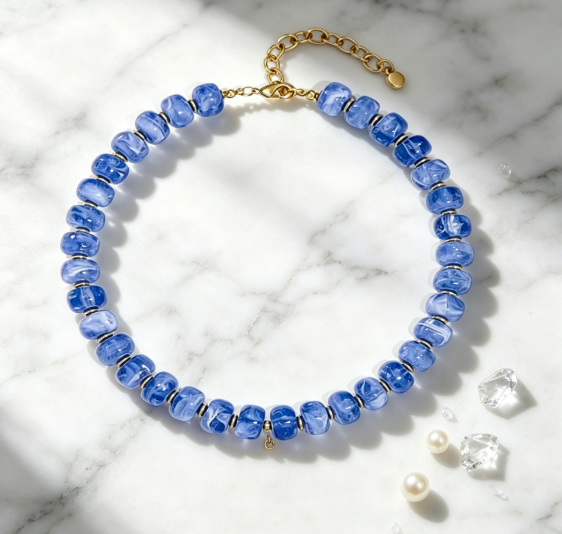 Natural Blue Chunky Beaded Necklace Gold Adjustable Chain Statement Necklace