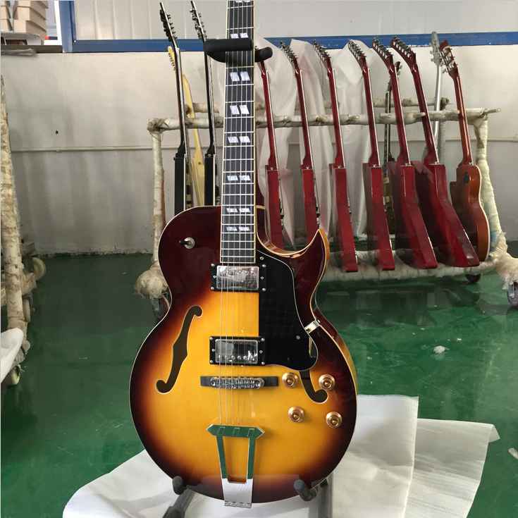 Hollow Body ES 175 Electric Guitar Sunburst Chrome Hardware Black Fretboard Top