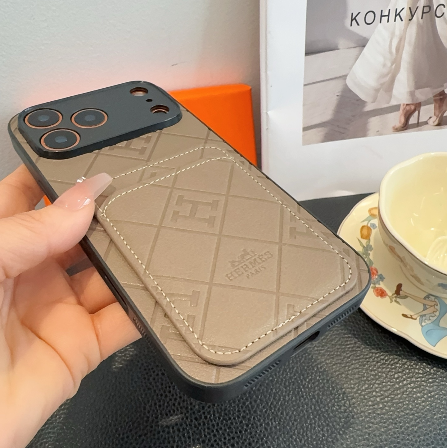 Hermès Embossed Monogram Leather Card Holder Phone Case