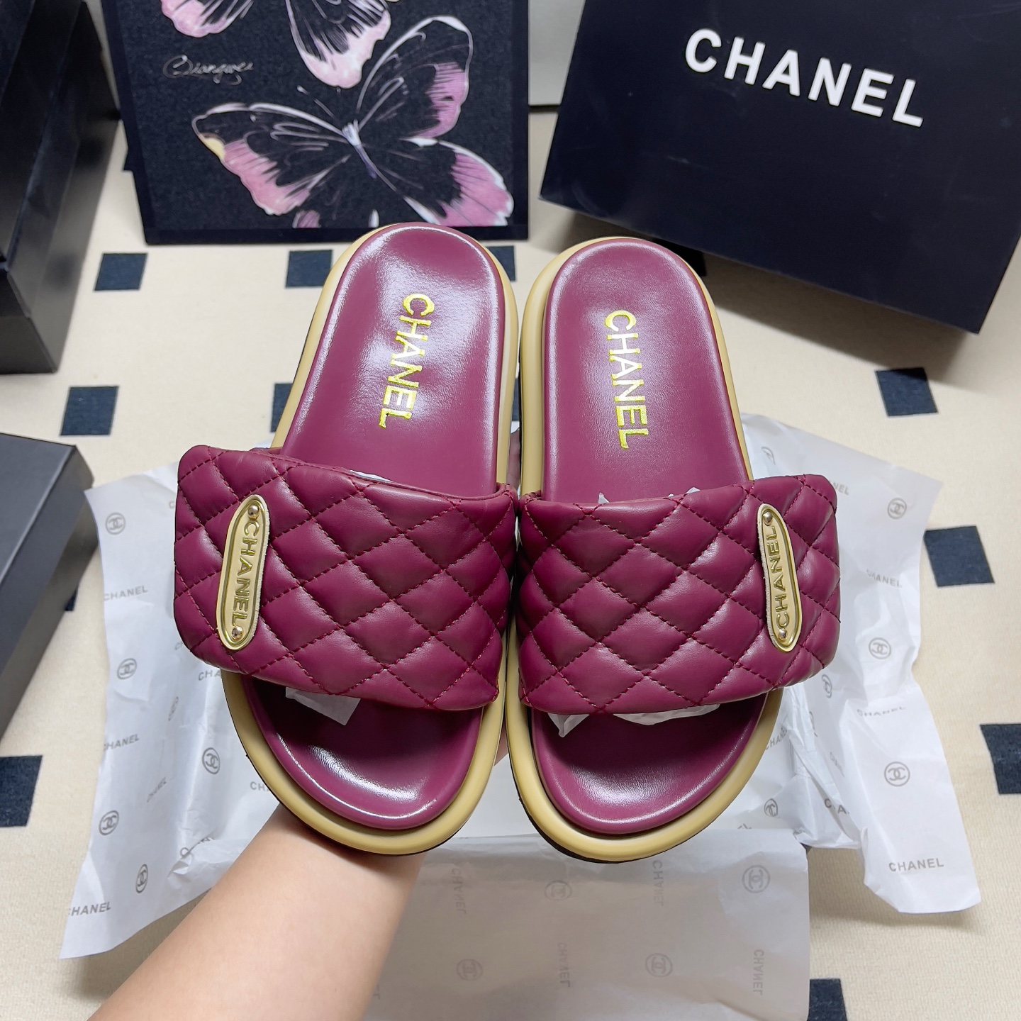 Chanel Quilted Flat Slide Sandals - Black & Burgundy