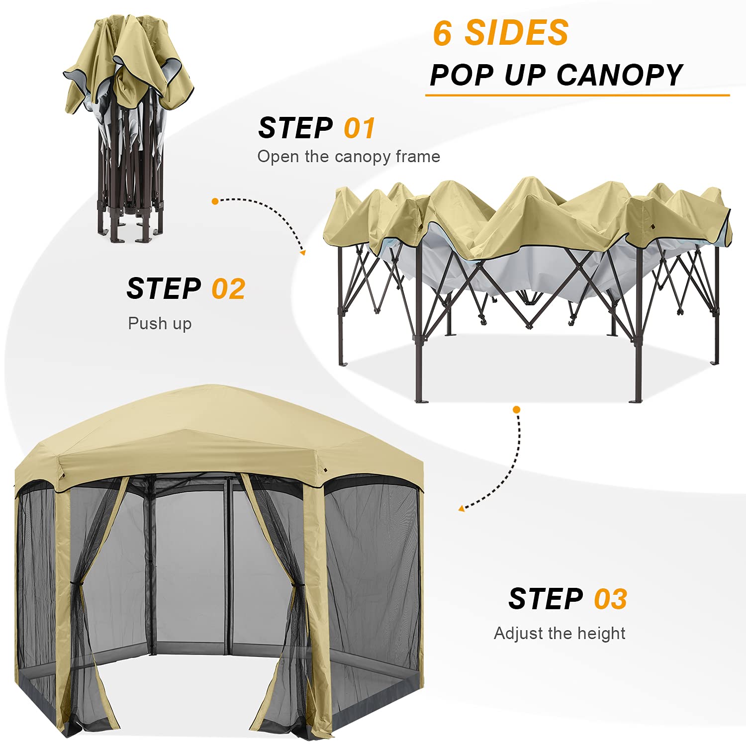 Pop Up Gazebo 6 Sided Screened Canopy Tent Screen House(Beige)