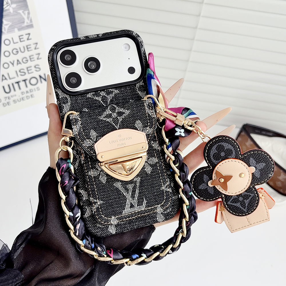 LV Monogram Denim Card Holder Phone Case With Chain Wrist Strap Vivienne Flower Charm