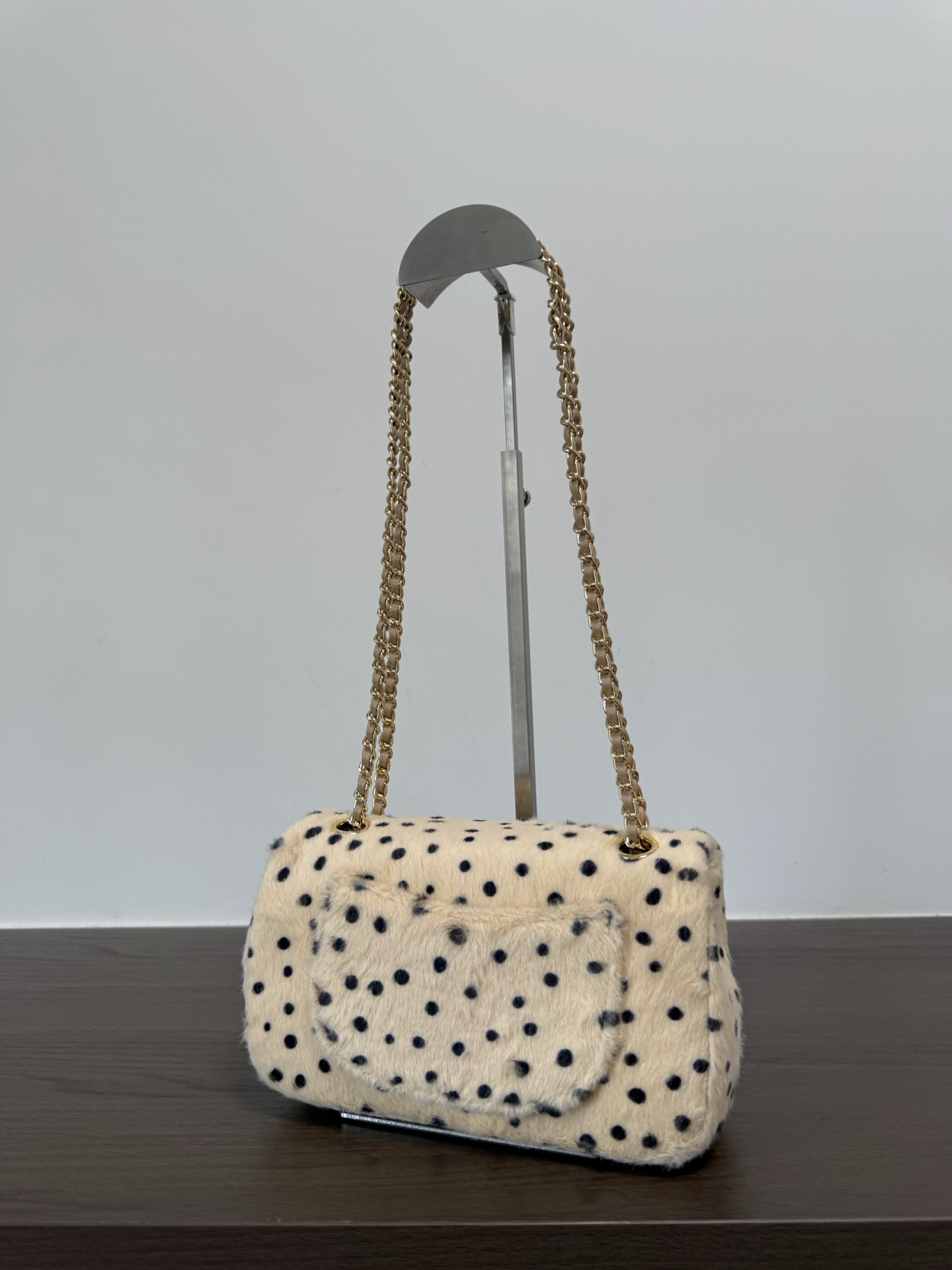 Chanel Small Classic Flap, Cream Spotted Shearling Fur, Vintage Gold-Tone Metal Hardware
