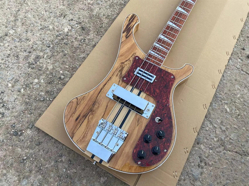 Through Body Electric Bass Guitar Spalted Maple Chrome Parts Fixed Bridge Top