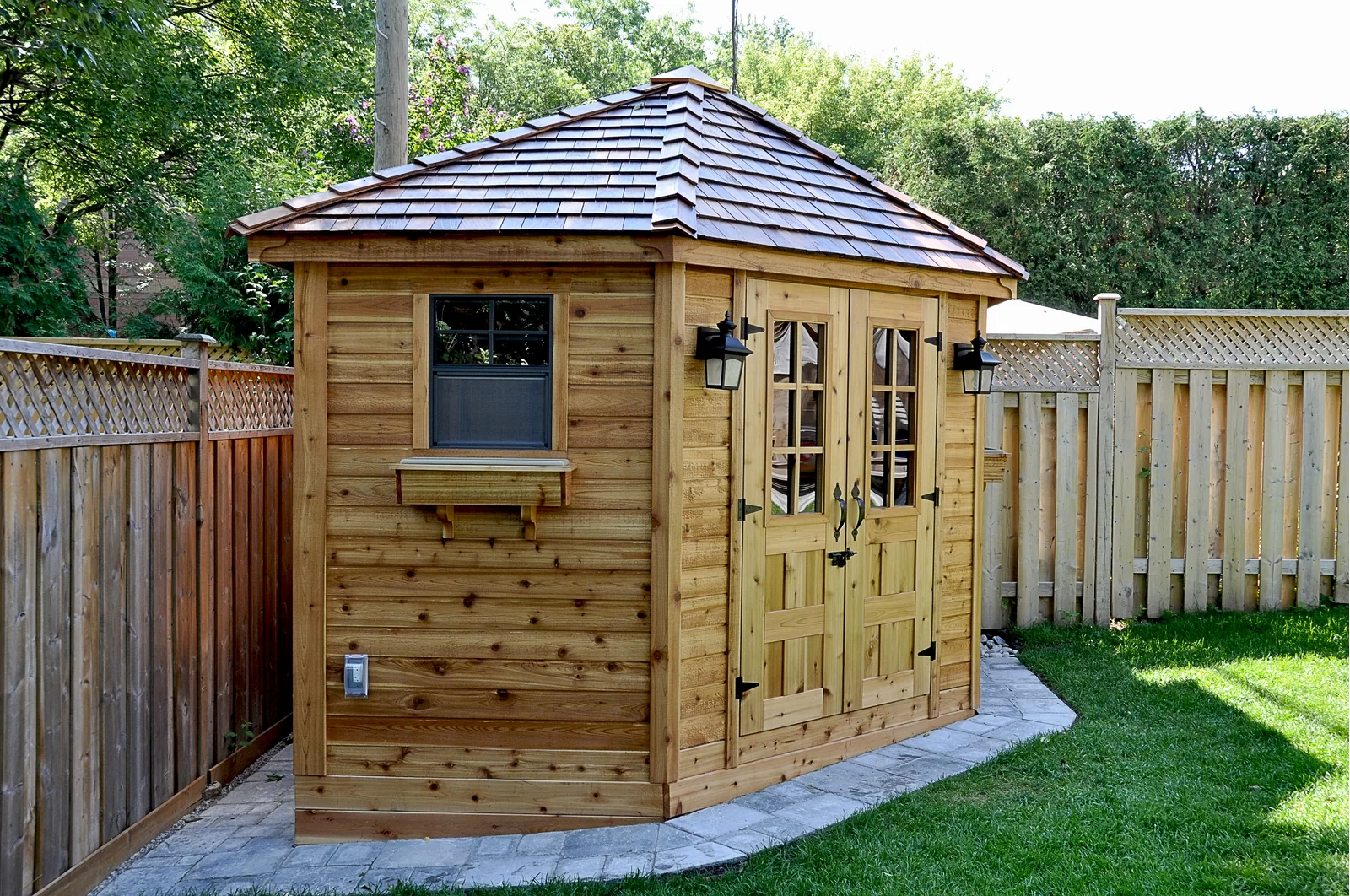 9 ft. W x 9ft. D Penthouse Cedar Wood Garden Shed with French