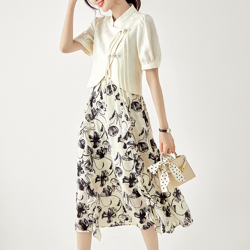 Faionable Floral Print Two-Piece Set Women's Summer Square Collar ort Sve Top High Waist Skirt