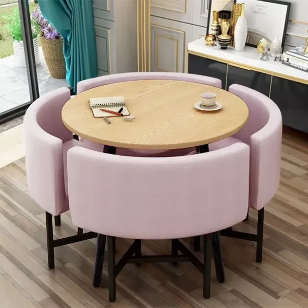 Small Round Wooden Dining Table Set with 4 Upholstered Chairs