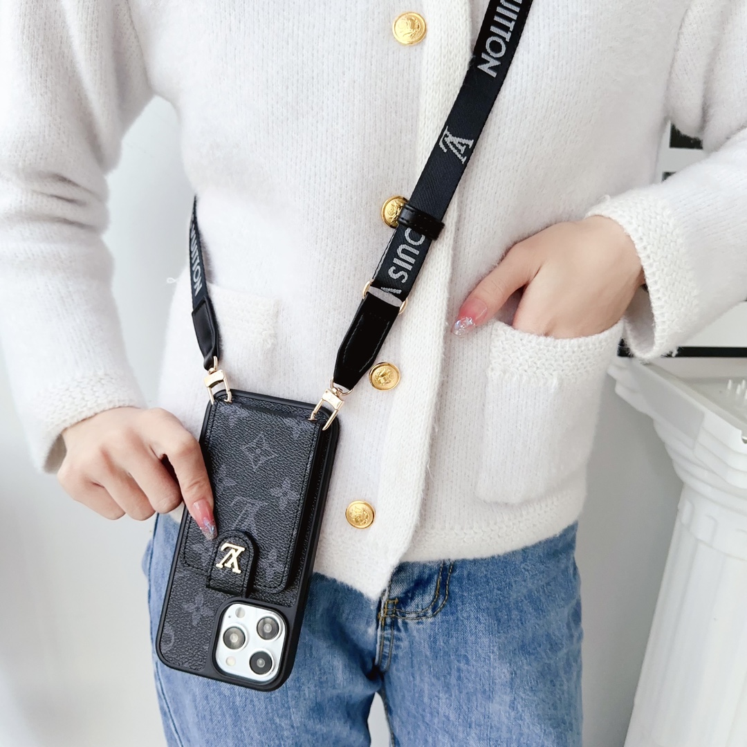 Designer Monogram Card Holder Phone Case with LV & GG Metal Buckle